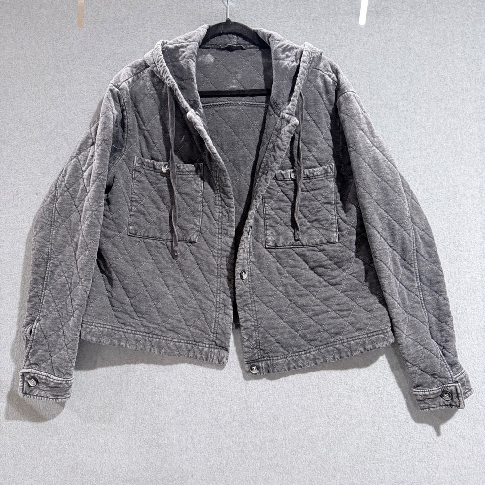 Jane + Delancey Gray Quilted Hooded Jacket Acid Wash Button Front Size M